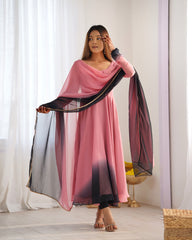 Onion Pink Georgette Anarkali Suit with Printed Gown & Lace Border Dupatta – Festive Three-Piece Set