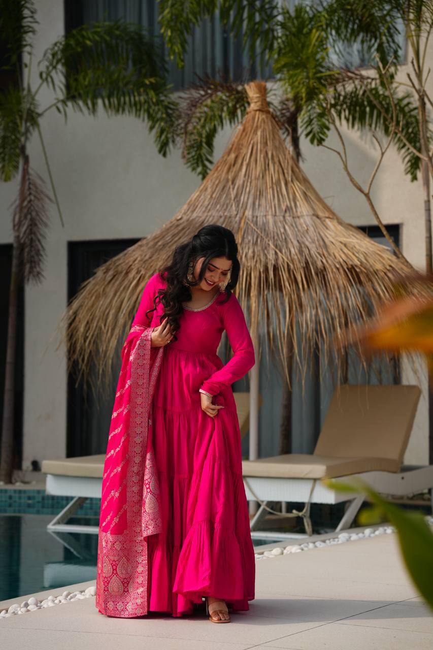 Rani Pink Pure Chanderi Silk Anarkali Suit with Elegant Frill Flair