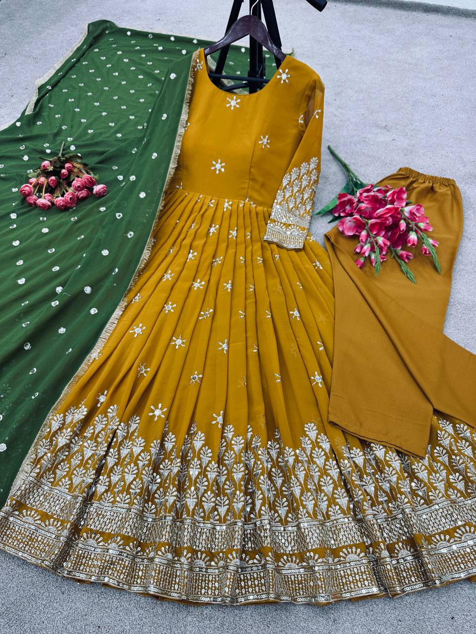 Elegant Faux Georgette Anarkali Suit with Heavy Embroidery & Lace Border – Three-Piece Set