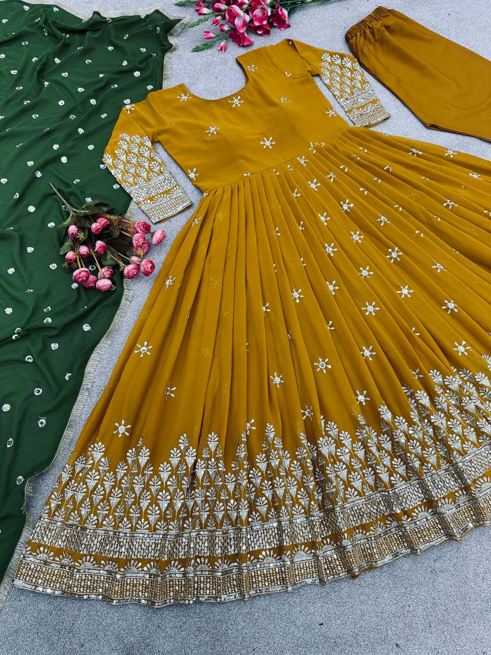 Elegant Faux Georgette Anarkali Suit with Heavy Embroidery & Lace Border – Three-Piece Set