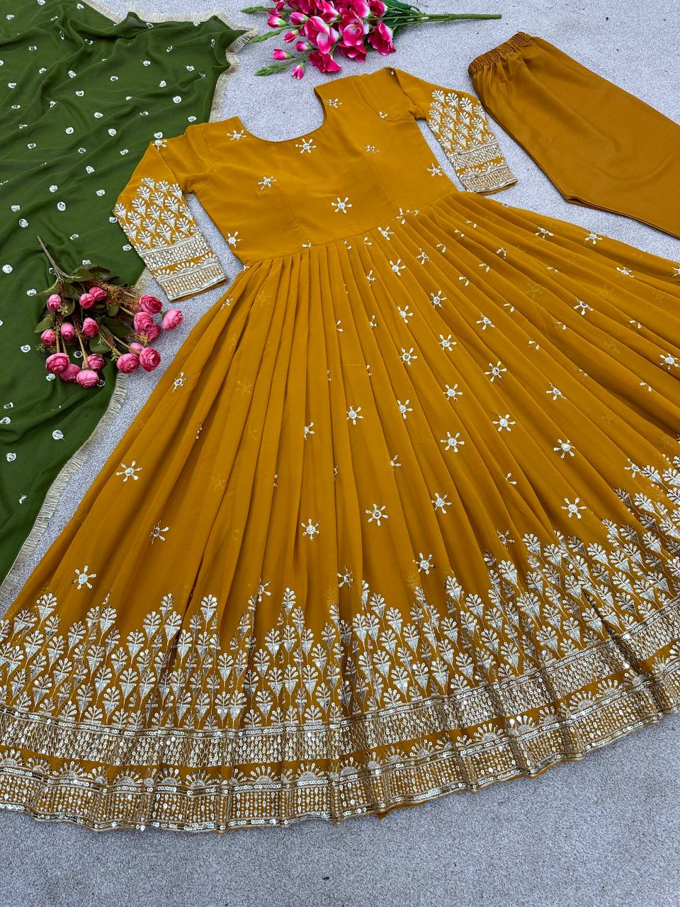 Elegant Faux Georgette Anarkali Suit with Heavy Embroidery & Lace Border – Three-Piece Set