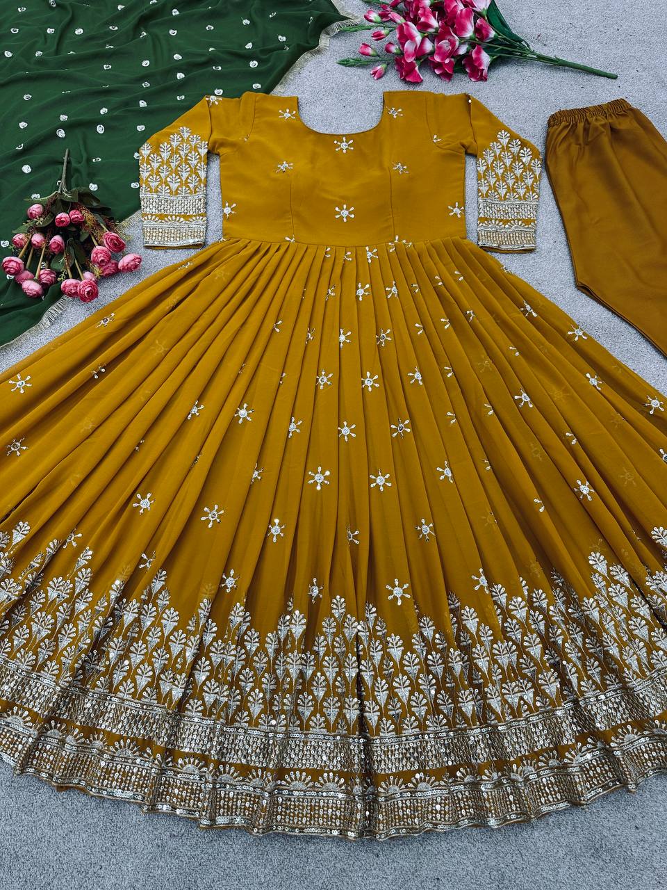 Elegant Faux Georgette Anarkali Suit with Heavy Embroidery & Lace Border – Three-Piece Set