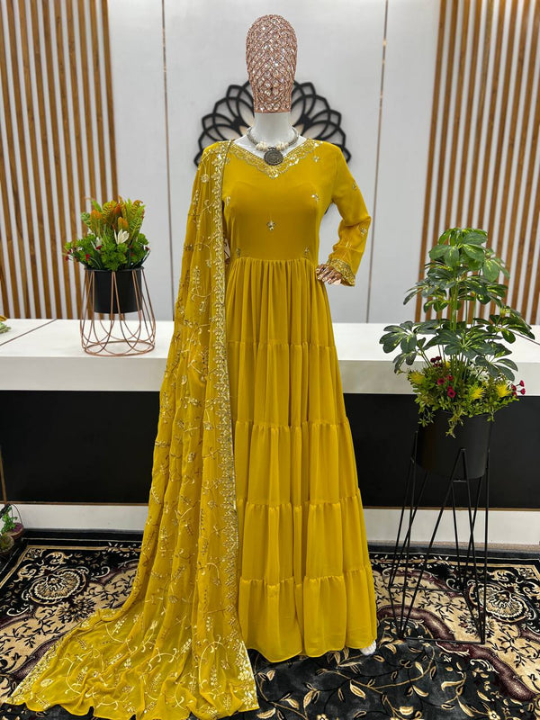 Heavy Georgette Ruffle Anarkali Suit with 10-Meter Flair – 3-Piece Set