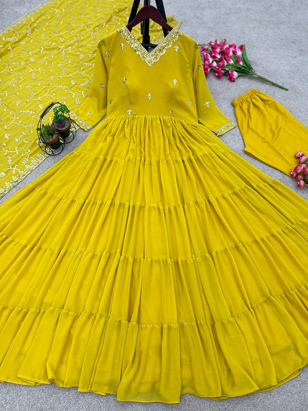 Heavy Georgette Ruffle Anarkali Suit with 10-Meter Flair – 3-Piece Set