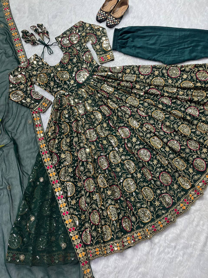 Elegant Heavy Faux Georgette Anarkali Suit with Sequins & Embroidery – 3-Piece Set