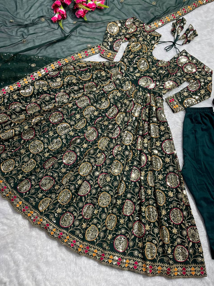 Elegant Heavy Faux Georgette Anarkali Suit with Sequins & Embroidery – 3-Piece Set