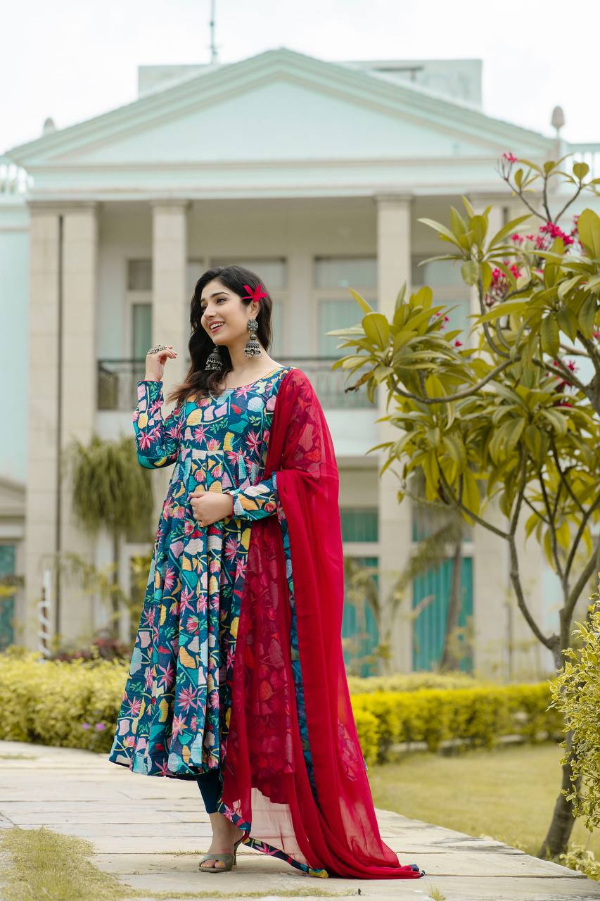 Heavy Pure Maslin Corset Work Printed Suit Set | Secret Pleasure