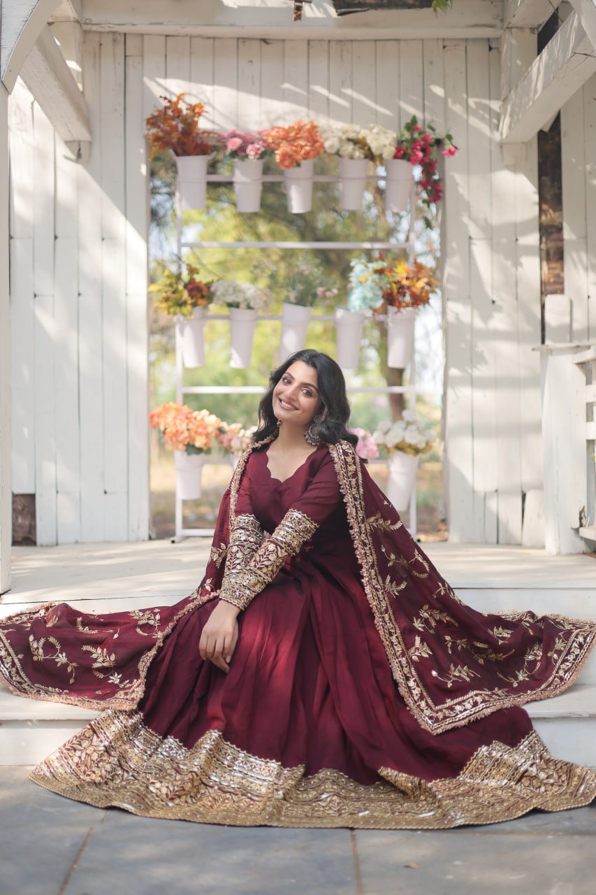 Vichitra Shimmer Kurta Set with Embroidered Dupatta