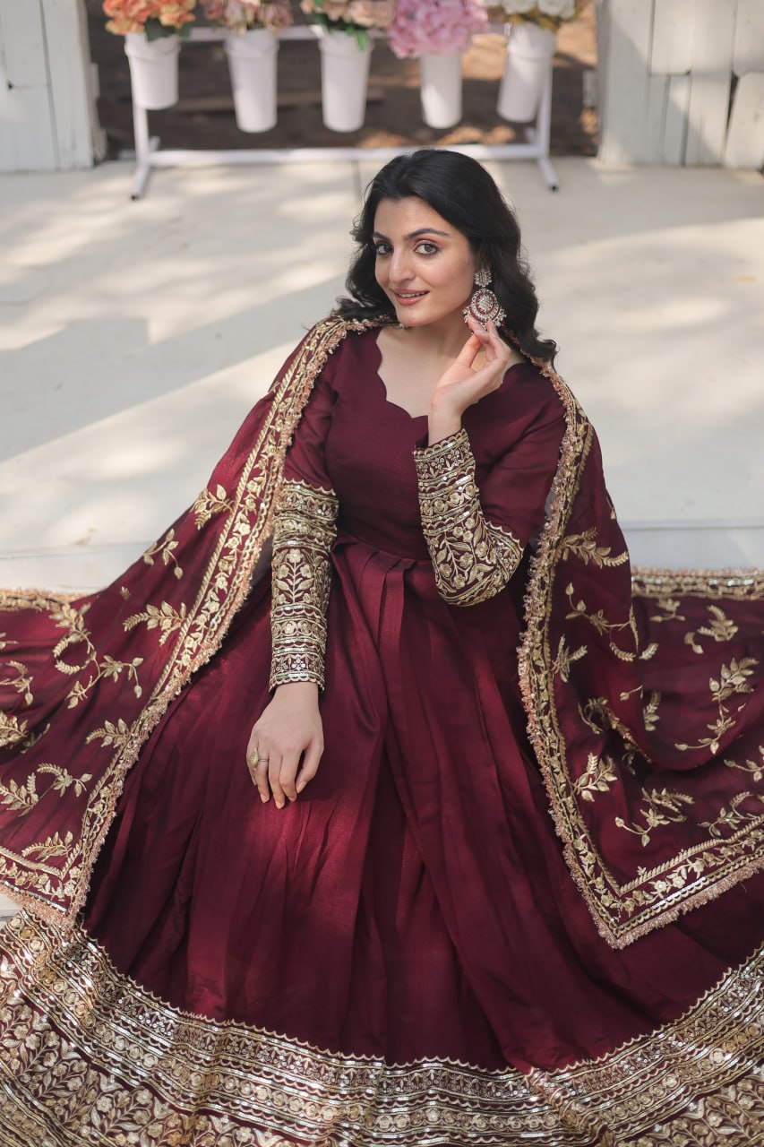 Vichitra Shimmer Kurta Set with Embroidered Dupatta