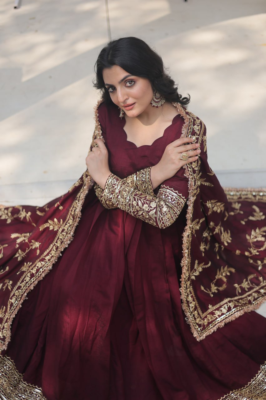 Vichitra Shimmer Kurta Set with Embroidered Dupatta