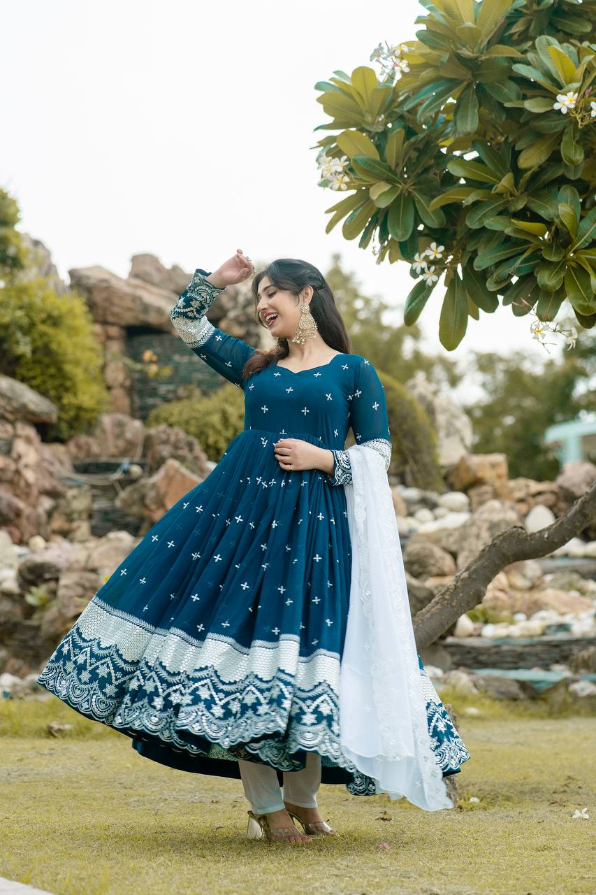 Embroidered Faux Georgette Kurta Set with Dupatta