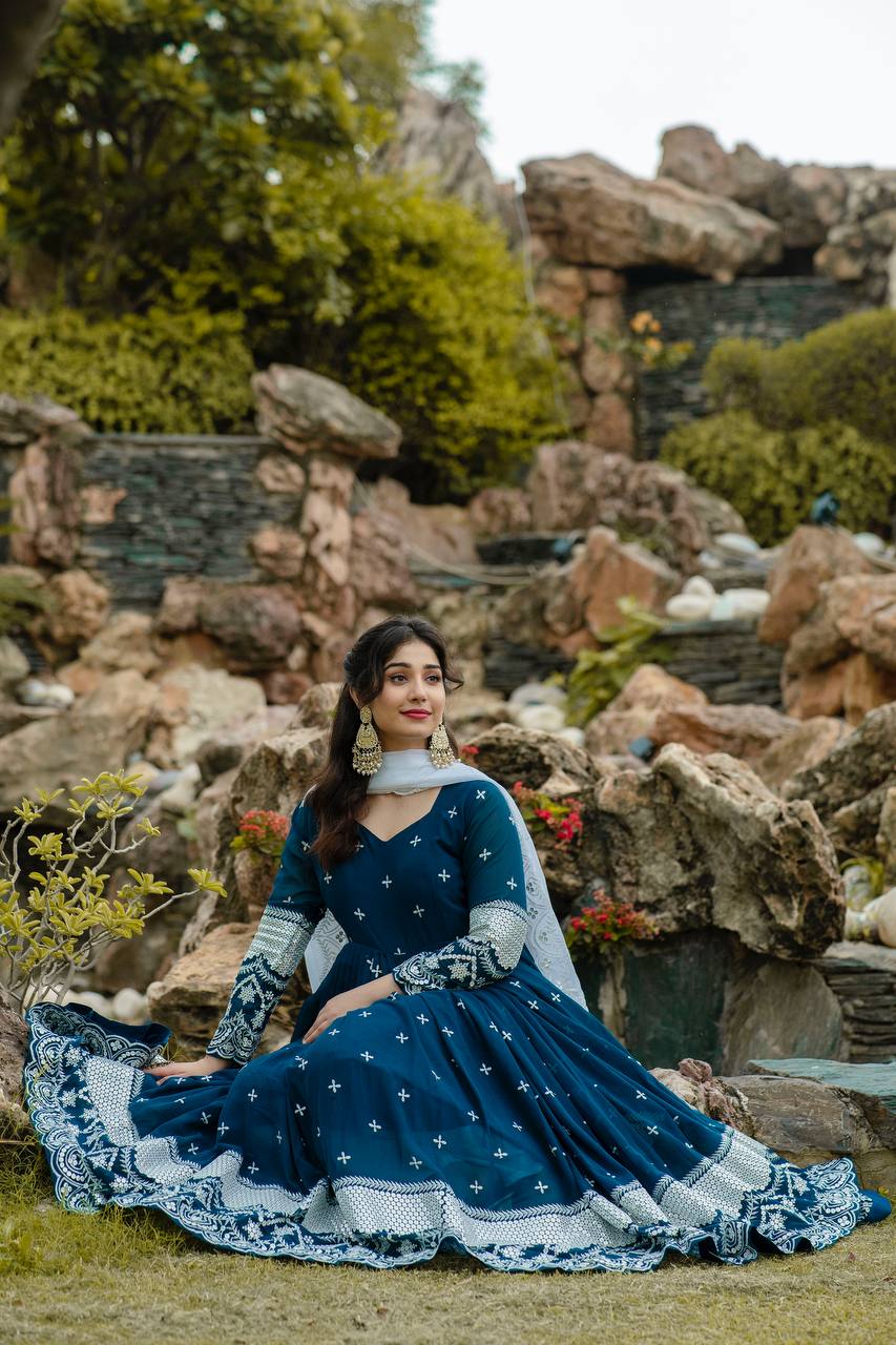 Embroidered Faux Georgette Kurta Set with Dupatta