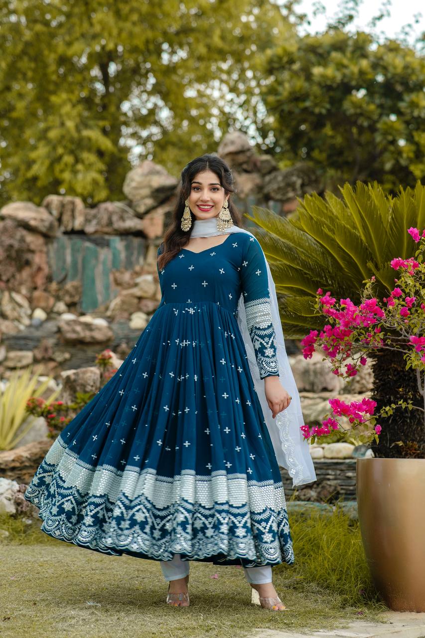 Embroidered Faux Georgette Kurta Set with Dupatta