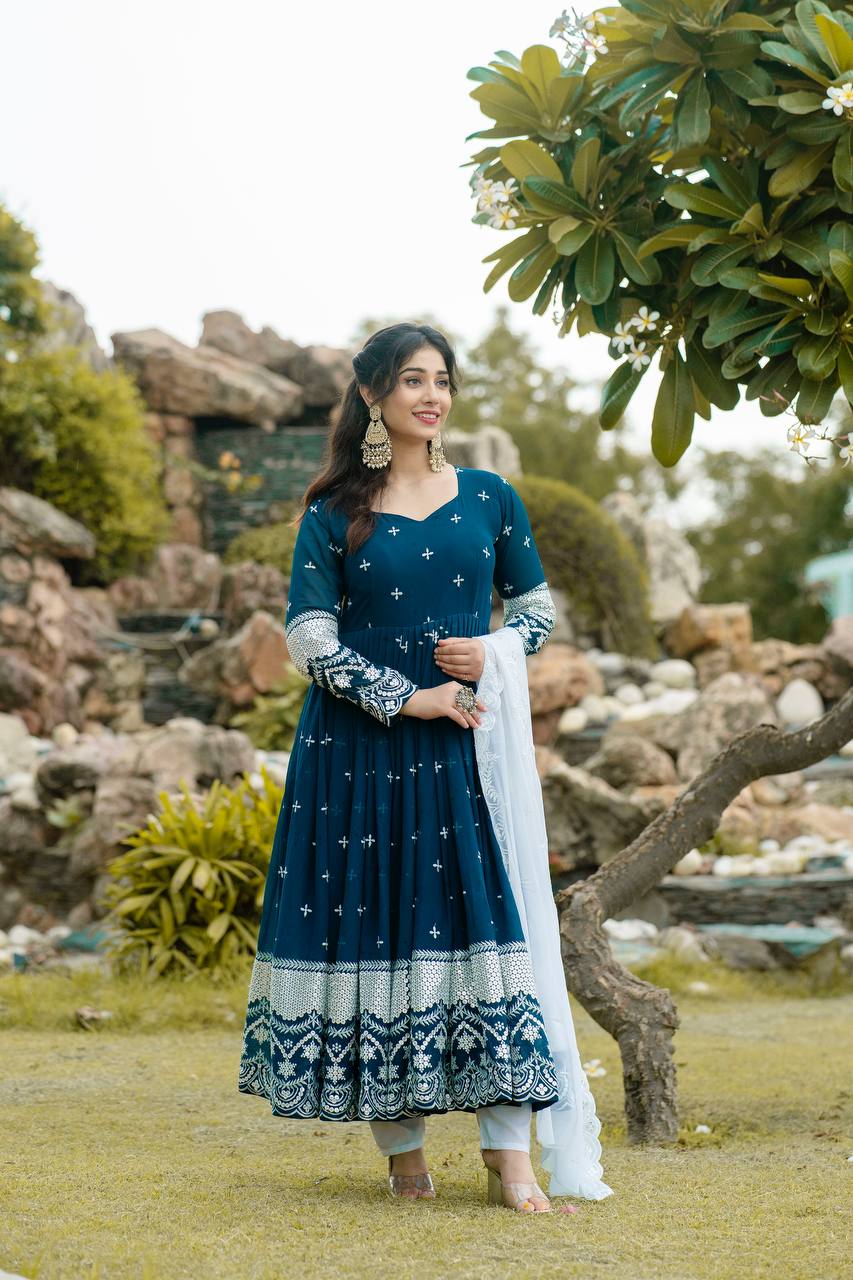 Embroidered Faux Georgette Kurta Set with Dupatta