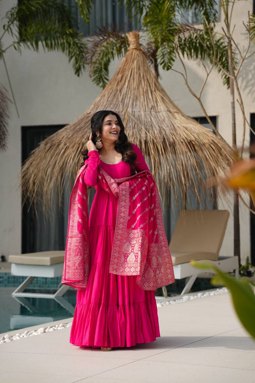 Rani Pink Pure Chanderi Silk Anarkali Suit with Elegant Frill Flair