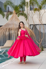 Rani Pink Pure Roman Silk Chanderi Anarkali Suit with Mirror Lace Dupatta