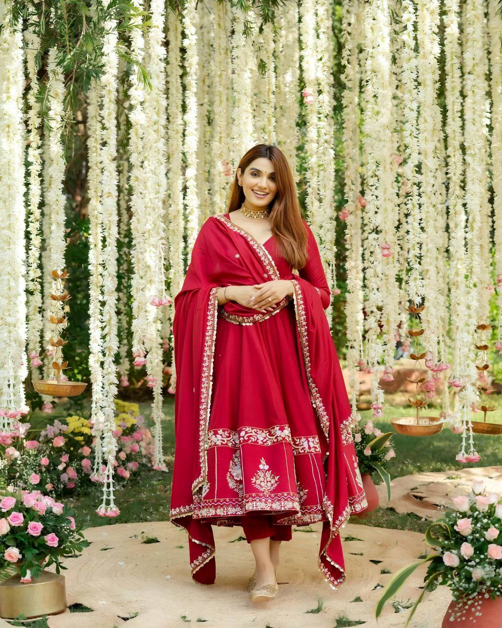 Elegant Roman Silk Anarkali Suit with Heavy Embroidery & Sequins – 3-Piece Set
