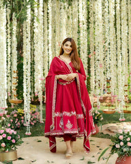 Elegant Roman Silk Anarkali Suit with Heavy Embroidery & Sequins – 3-Piece Set