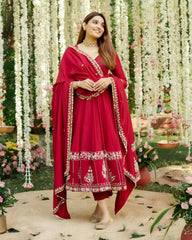 Elegant Roman Silk Anarkali Suit with Heavy Embroidery & Sequins – 3-Piece Set