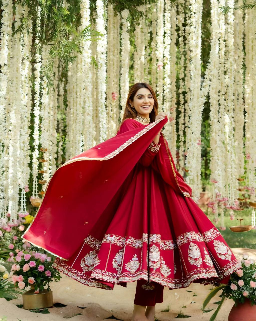 Elegant Roman Silk Anarkali Suit with Heavy Embroidery & Sequins – 3-Piece Set