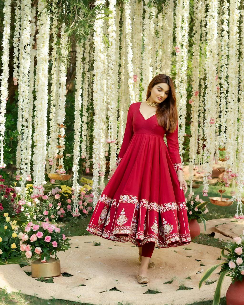 Elegant Roman Silk Anarkali Suit with Heavy Embroidery & Sequins – 3-Piece Set