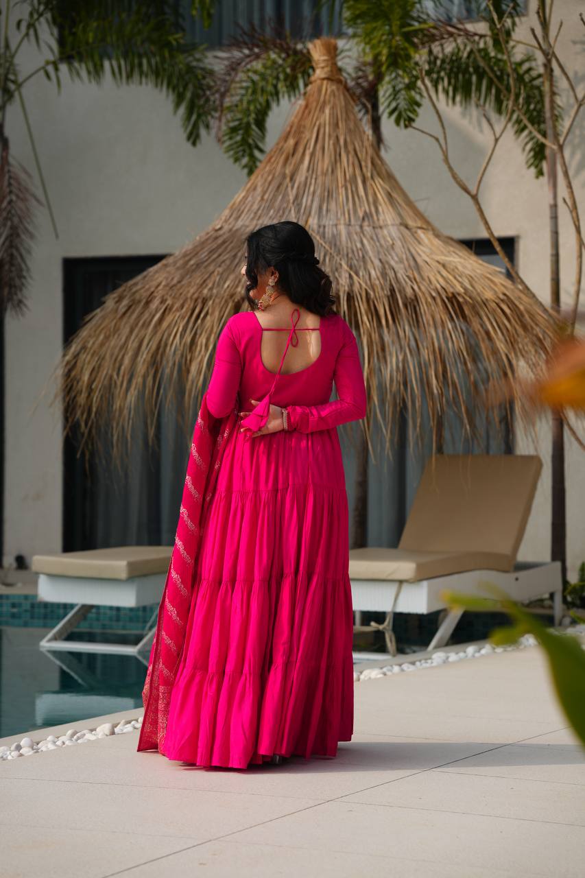Rani Pink Pure Chanderi Silk Anarkali Suit with Elegant Frill Flair