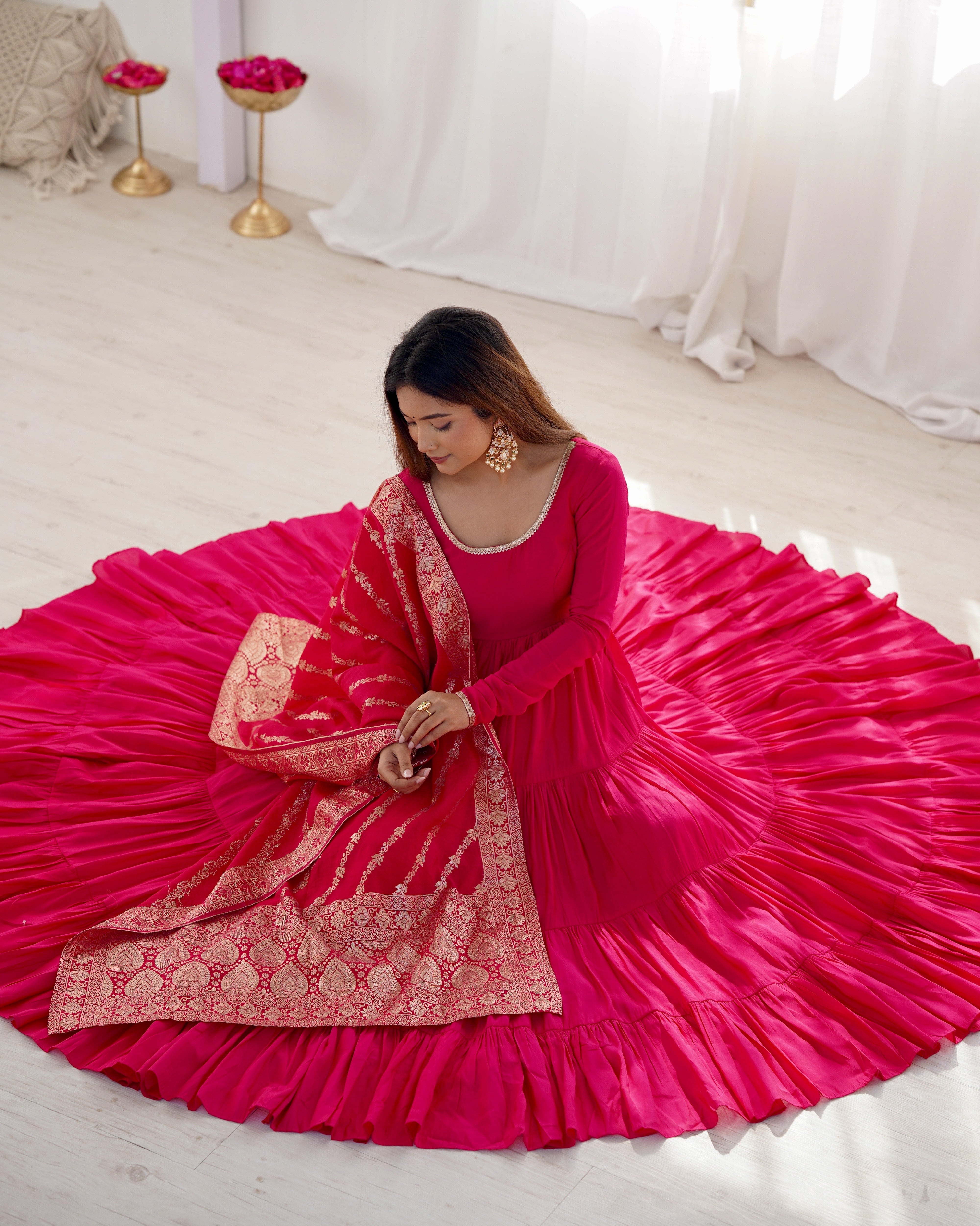 Rani Pink Pure Roman Silk Chanderi Anarkali Suit with Ruffle Flair & Banarasi Dupatta – Festive Wear