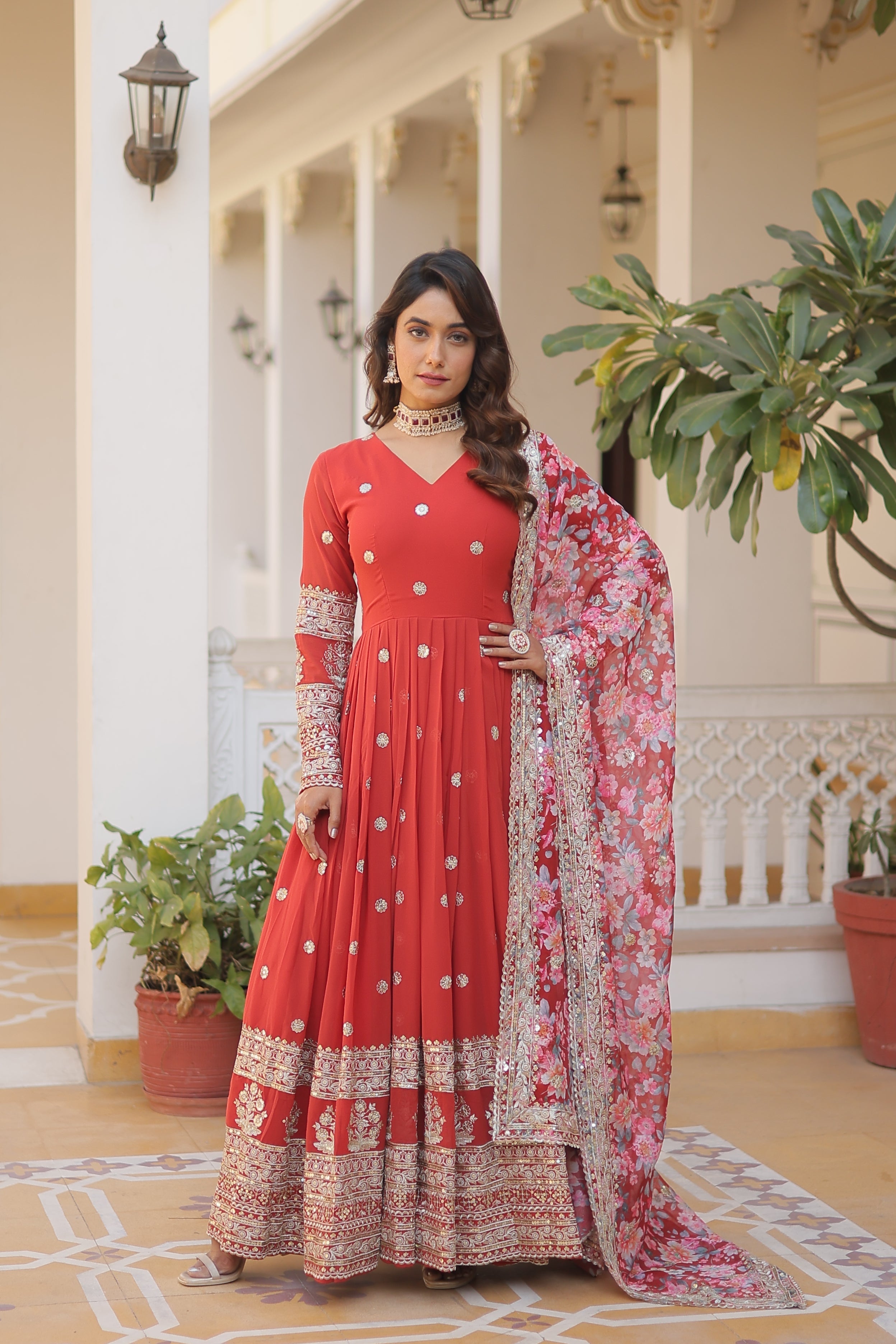 Elegant Faux Georgette Embroidered Gown with Dupatta | Secret Pleasure