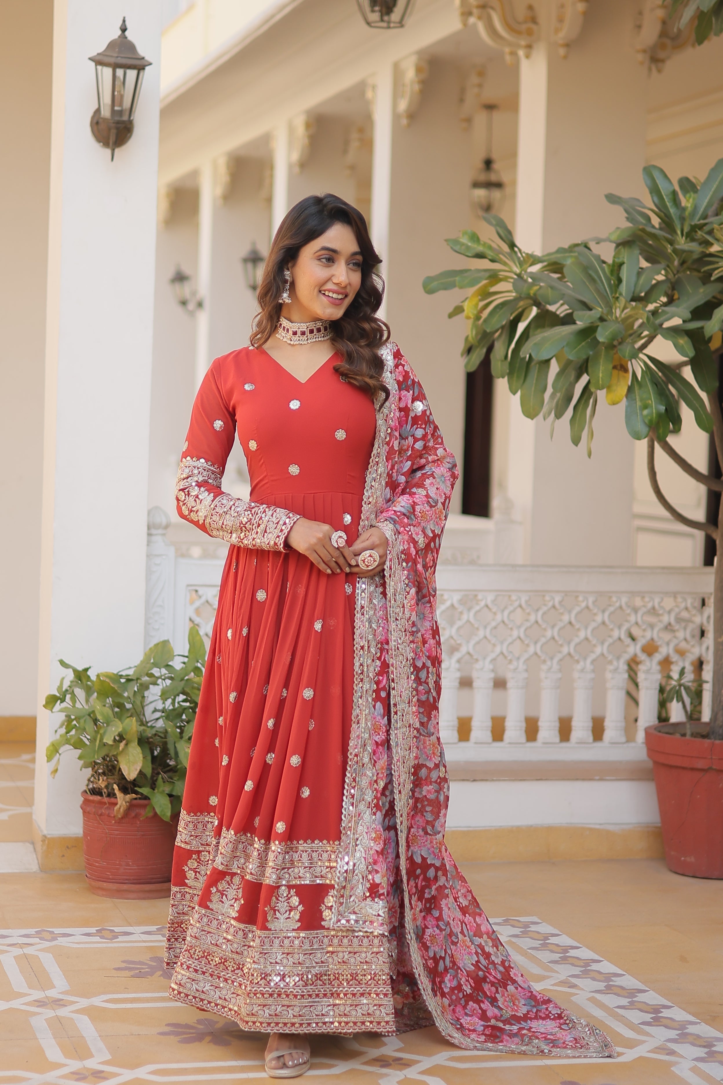 Elegant Faux Georgette Embroidered Gown with Dupatta | Secret Pleasure
