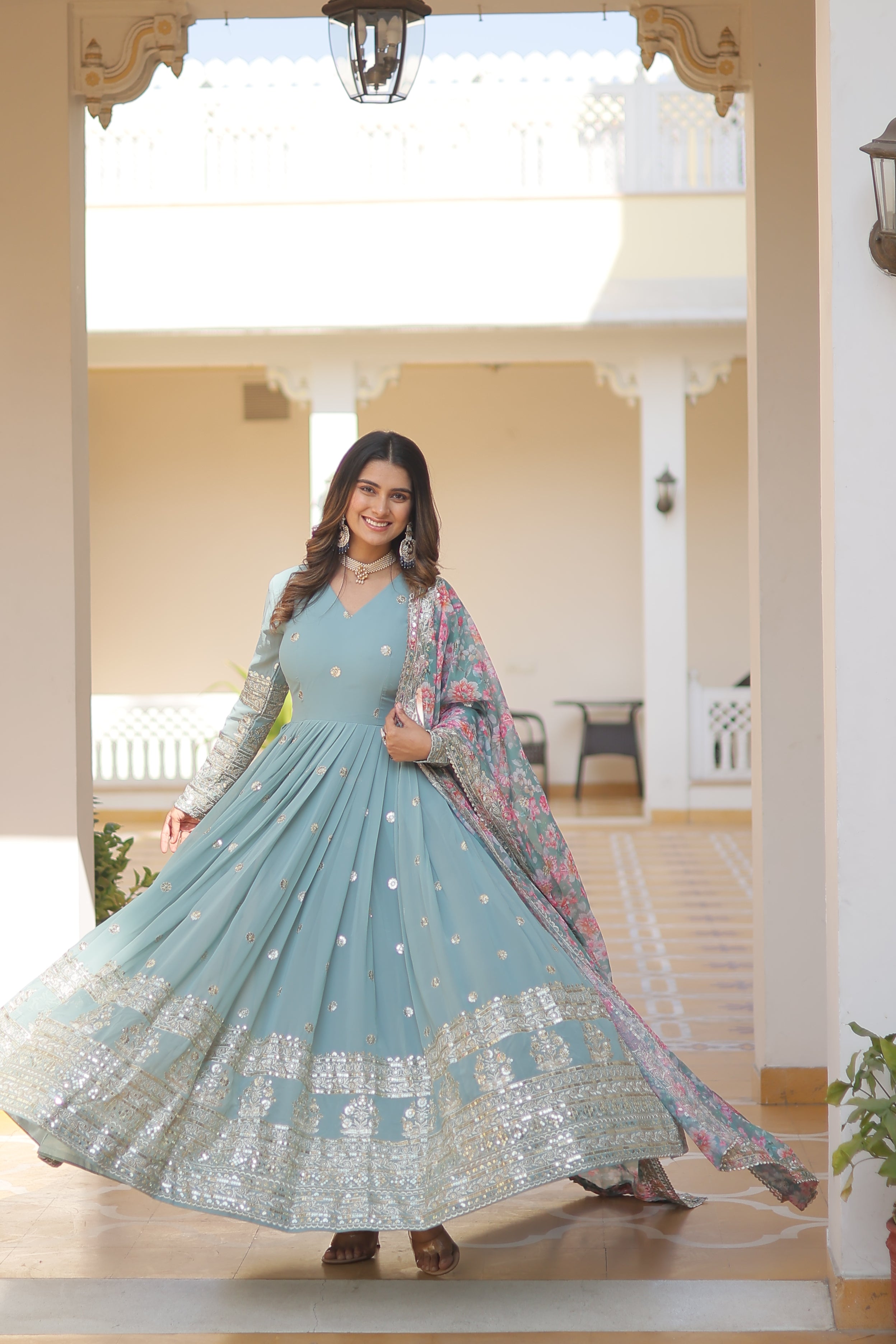 Embroidered Faux Georgette Gown with Dupatta | Secret Pleasure