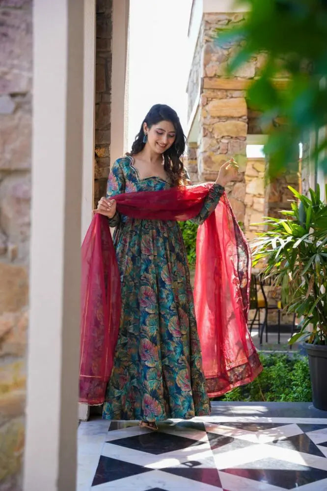 Maslin Digital Print Kurta Set with Georgette Dupatta