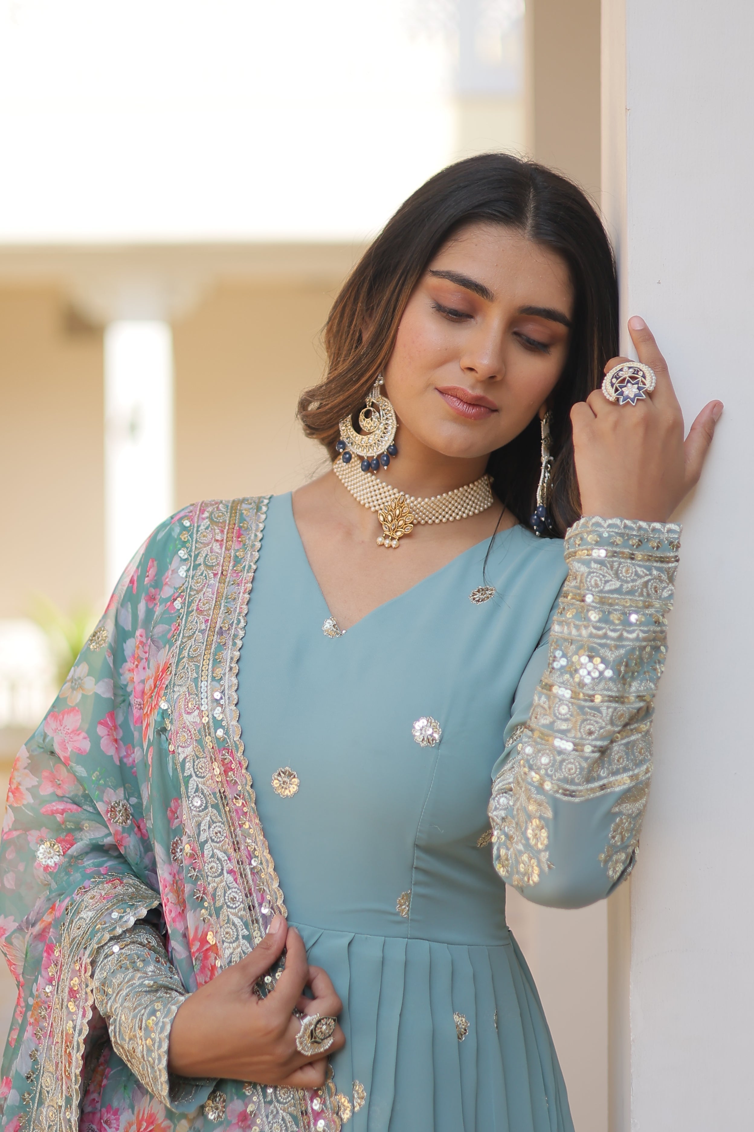 Embroidered Faux Georgette Gown with Dupatta | Secret Pleasure