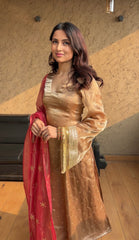 Crimson Red & Green Jimmy Choo Satin Silk Anarkali Suit with Embroidery Sequence Work